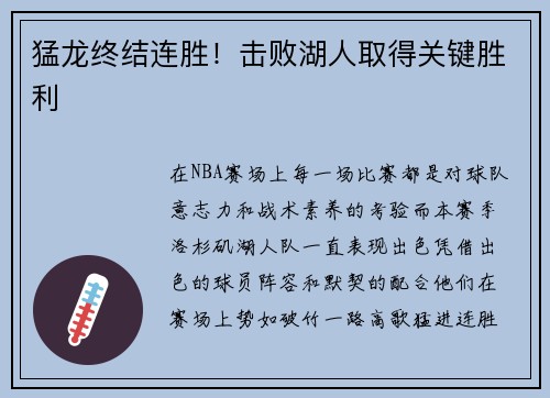 猛龙终结连胜！击败湖人取得关键胜利
